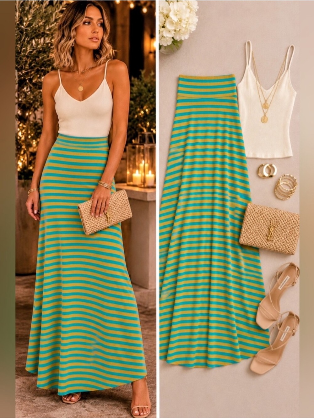 Striped Midi Skirt in Teal and Mustard